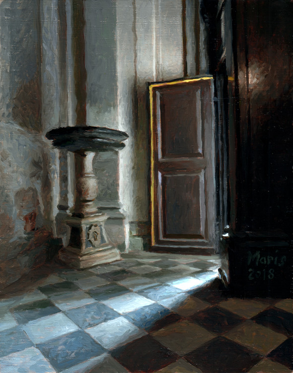 Stoup and door, painting by Jan Maris