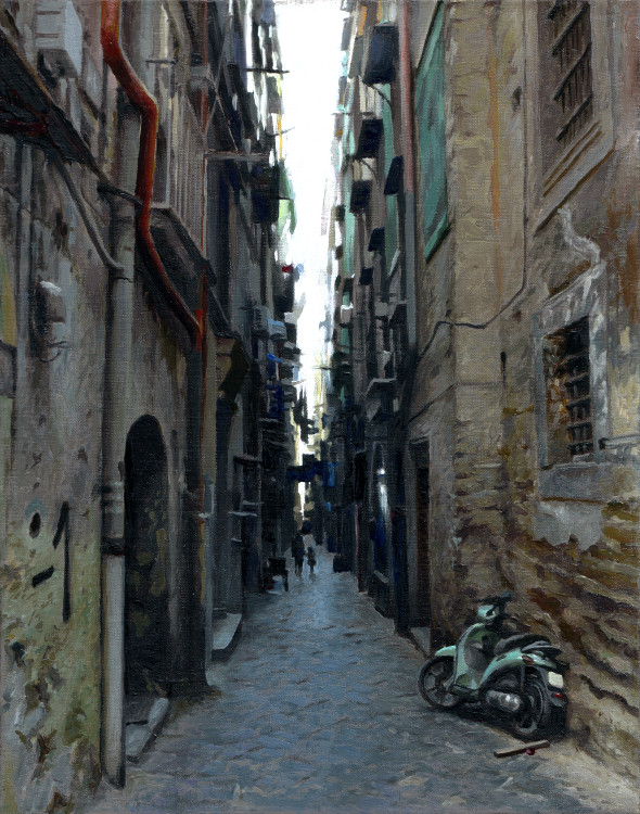 Street with green scooter, painting by Jan Maris