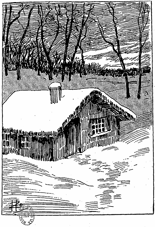 Une maisonnette recouverte de neige dont le toit a la forme d'un livre étalé le dos en l'air. Pas de personnages.