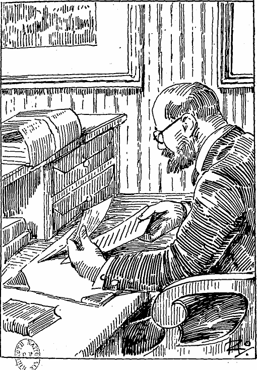 Un homme vu de profil, assis à son bureau (profil gauche) tenant à la main un guide-âne qu'il s'apprête à glisser sous une feuille de papier.