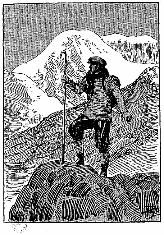 Un alpiniste admirant une vue d'un bord d'une hauteur (attitude d'extase).